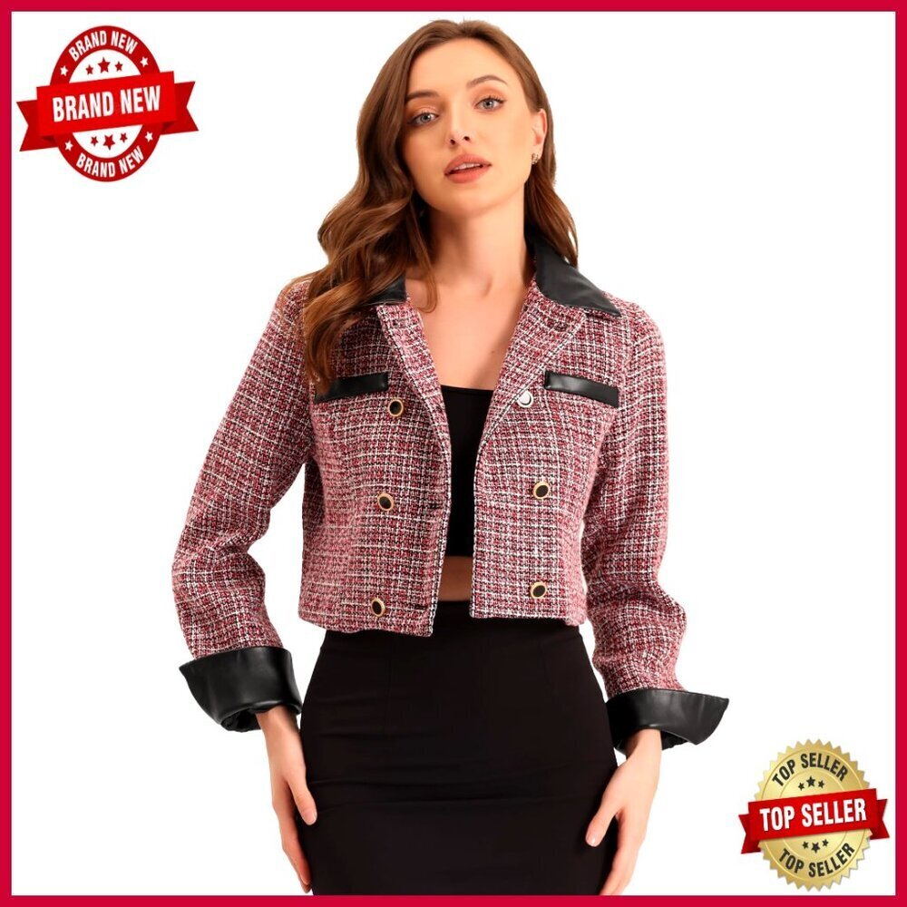 Vintage Cropped Tweed Blazer Double Breasted Faux Leather Collar Regular Fit